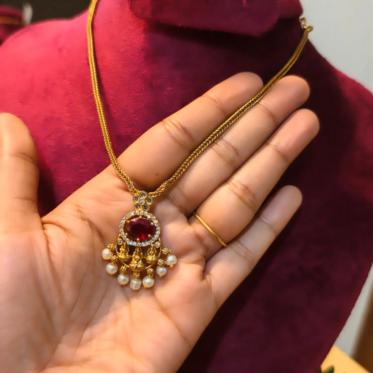 Crimson Lakshmi Pearl Pendant Necklace