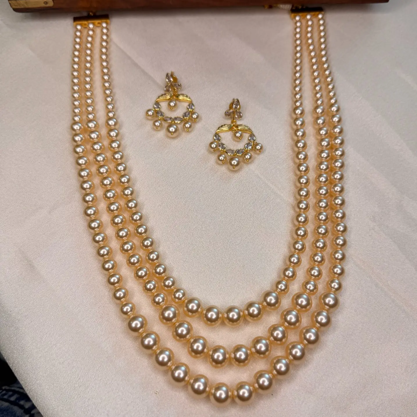 Mukta Premium Swarovski Pearl Three-Strand Layered Haaram Set with Chaandbali Earrings SJPM008
