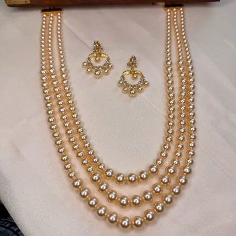 Mukta Premium Swarovski Pearl Three-Strand Layered Haaram Set with Chaandbali Earrings SJPM008