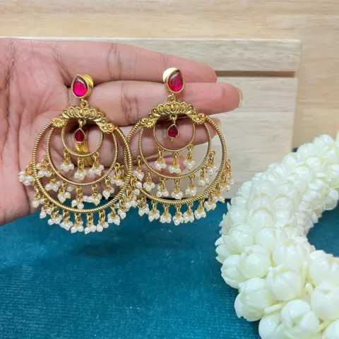 Chandra Rekha Tiered Ruby & Pearl Chandbali Earrings with Jadau Kundan SJER006