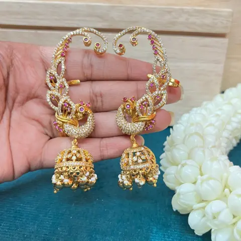 Shringara Mayura Crown Peacock CZ & Ruby Ear Cuffs with Jhumki Drops SJER007