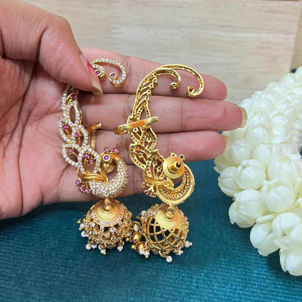 Shringara Mayura Crown Peacock CZ & Ruby Ear Cuffs with Jhumki Drops SJER007