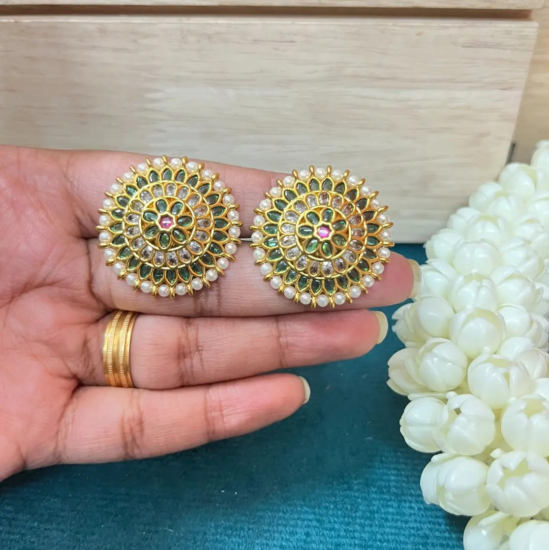 Chakra Emerald & CZ Kemp Antique Gold Stud Earrings SJER021