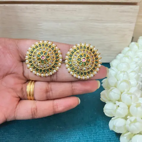 Chakra Emerald & CZ Kemp Antique Gold Stud Earrings SJER021