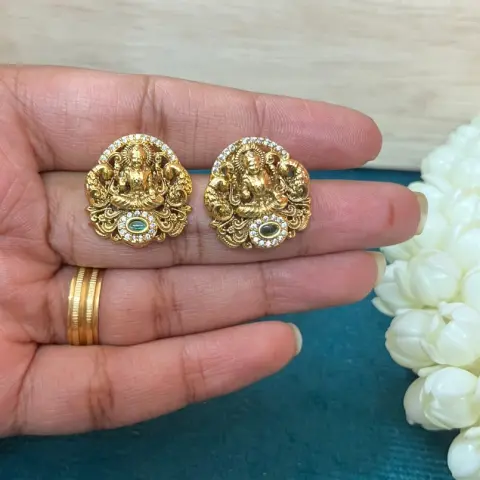 Lakshmi Arch Antique Gold CZ & Emerald Temple Stud Earrings SJER022