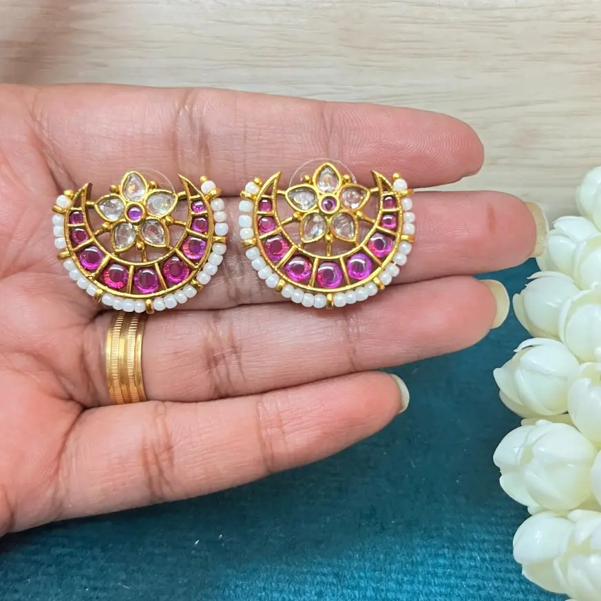 Chandrika Crescent Kundan & Kemp Antique Gold Stud Earrings SJER023