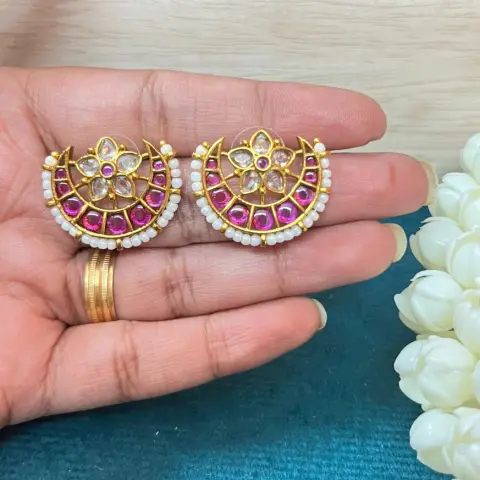 Chandrika Crescent Kundan & Kemp Antique Gold Stud Earrings SJER023