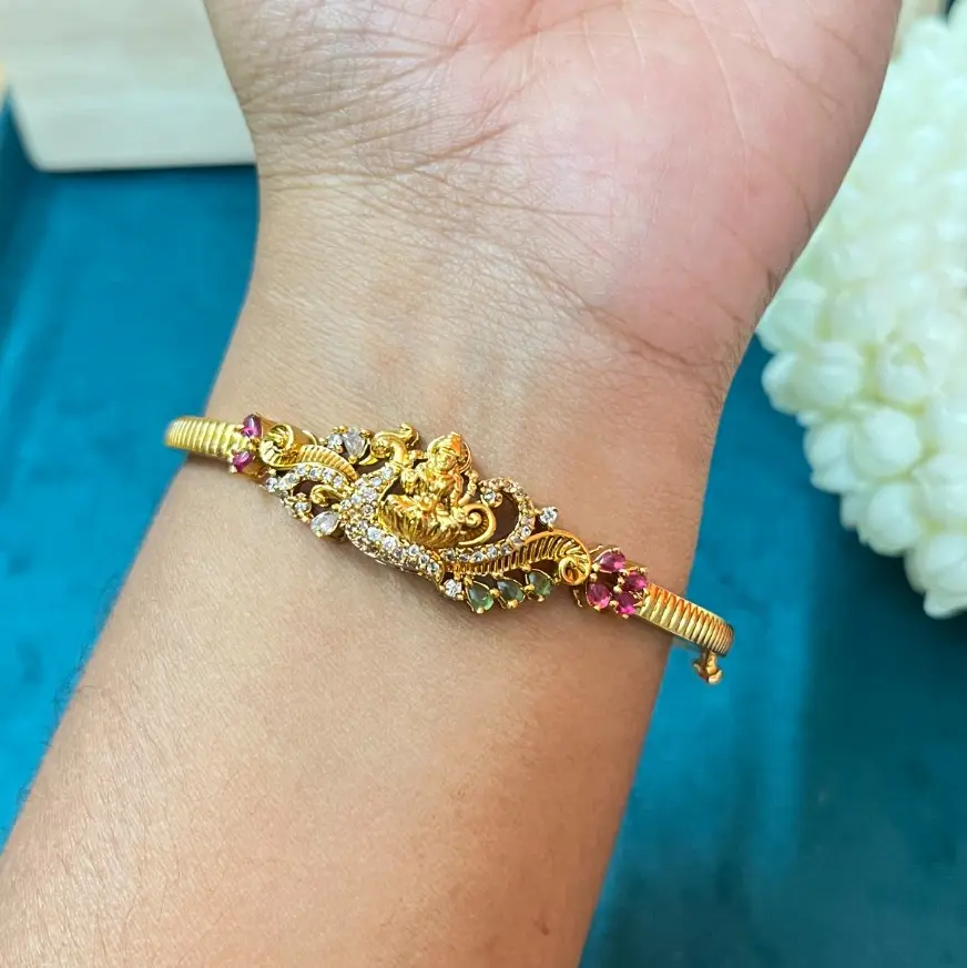 Divine Lakshmi CZ & Navratna-Style Antique Gold Openable Bracelet Bangle (Free Size)
