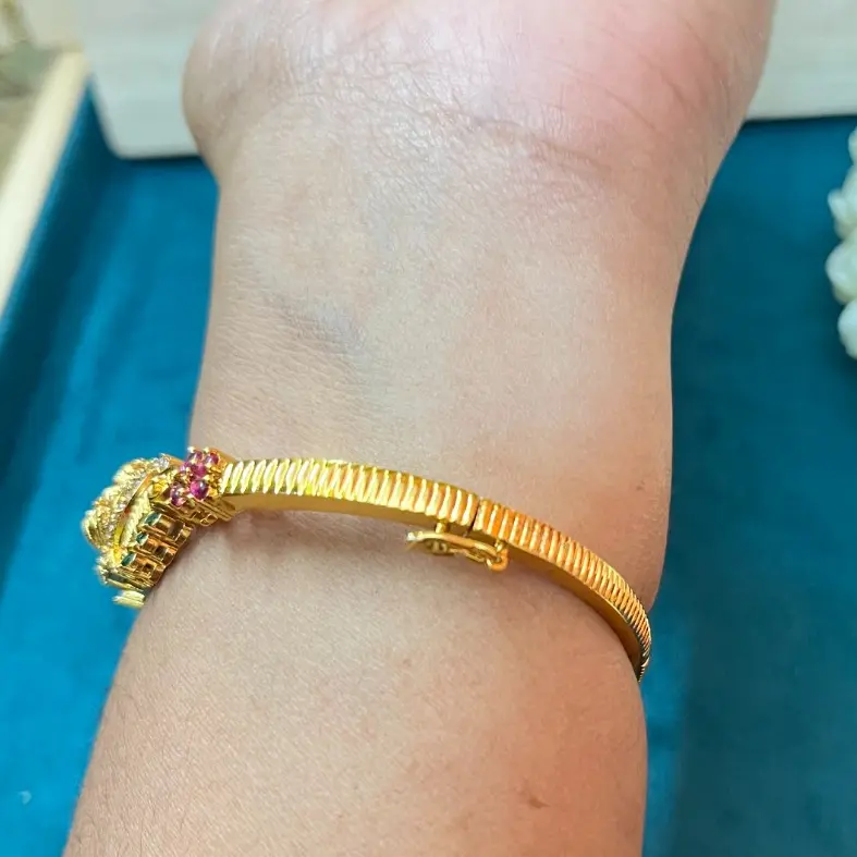 Divine Lakshmi CZ & Navratna-Style Antique Gold Openable Bracelet Bangle (Free Size)