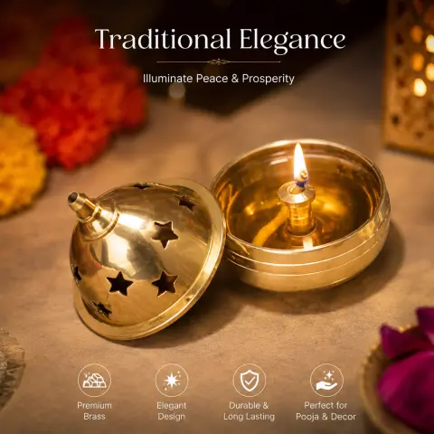 Akhanda Diya | Premium Brass Star Design Oil Lamp – 2.5 Inch