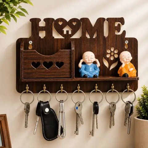HOME Wooden Key Holder | Wall Mounted Key Organizer with Decorative Shelf
