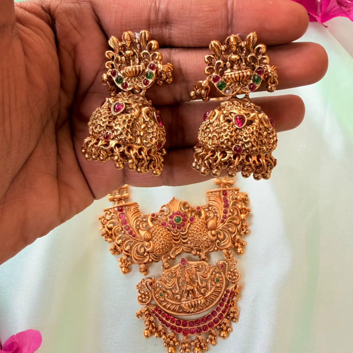 Traditional Antique Gold Lakshmi & Peacock Haram Set