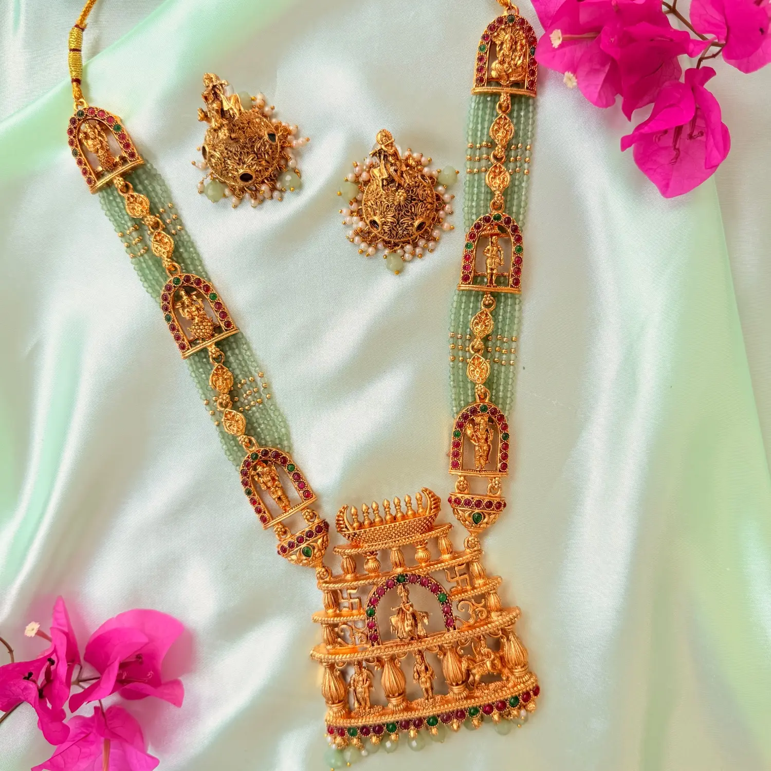 Shringara Royal Temple Arch Lord Venkateshwara Green Bead Long Haram Set