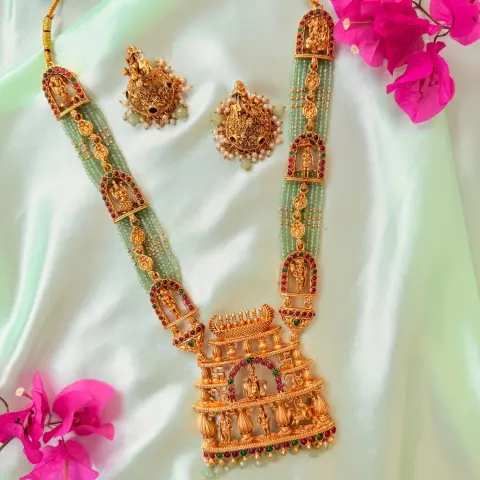 Shringara Royal Temple Arch Lord Venkateshwara Green Bead Long Haram Set