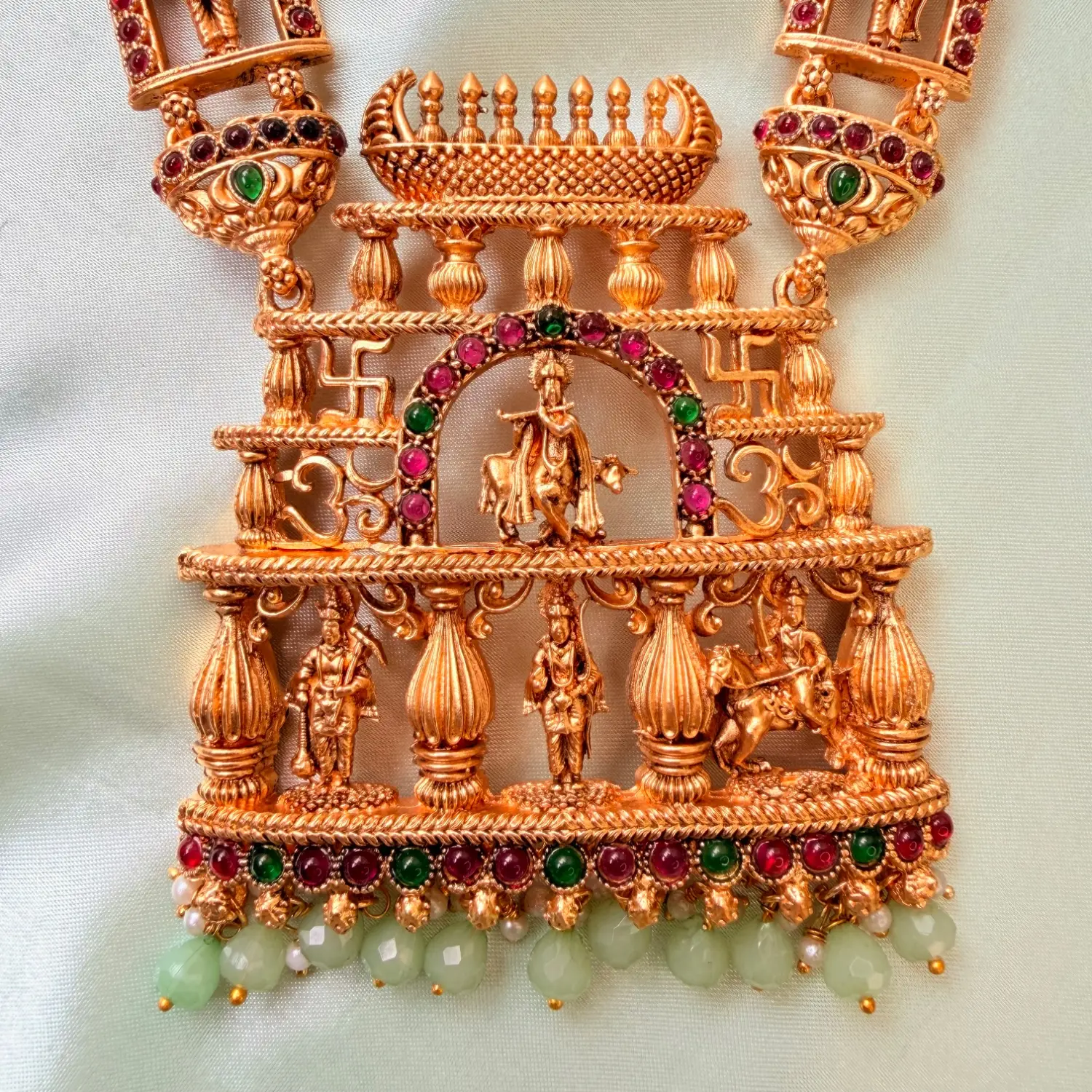 Shringara Royal Temple Arch Lord Venkateshwara Green Bead Long Haram Set