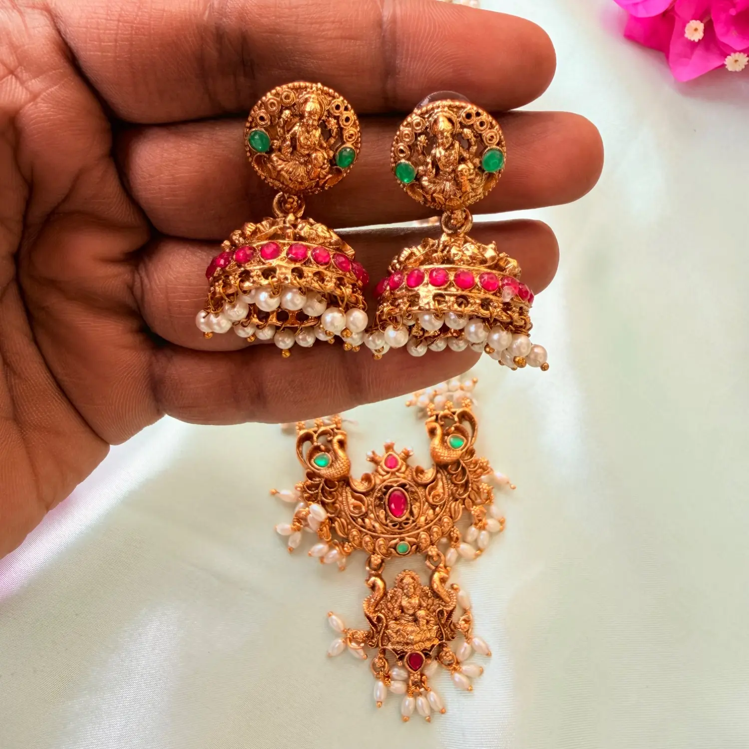 Royal Pearl Stranded Peacock & Temple Motif Long Haram Set