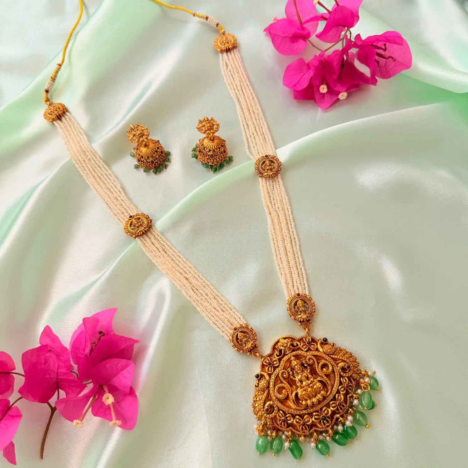 Royal Multi-Strand Pearl Lakshmi Temple Long Haram Set
