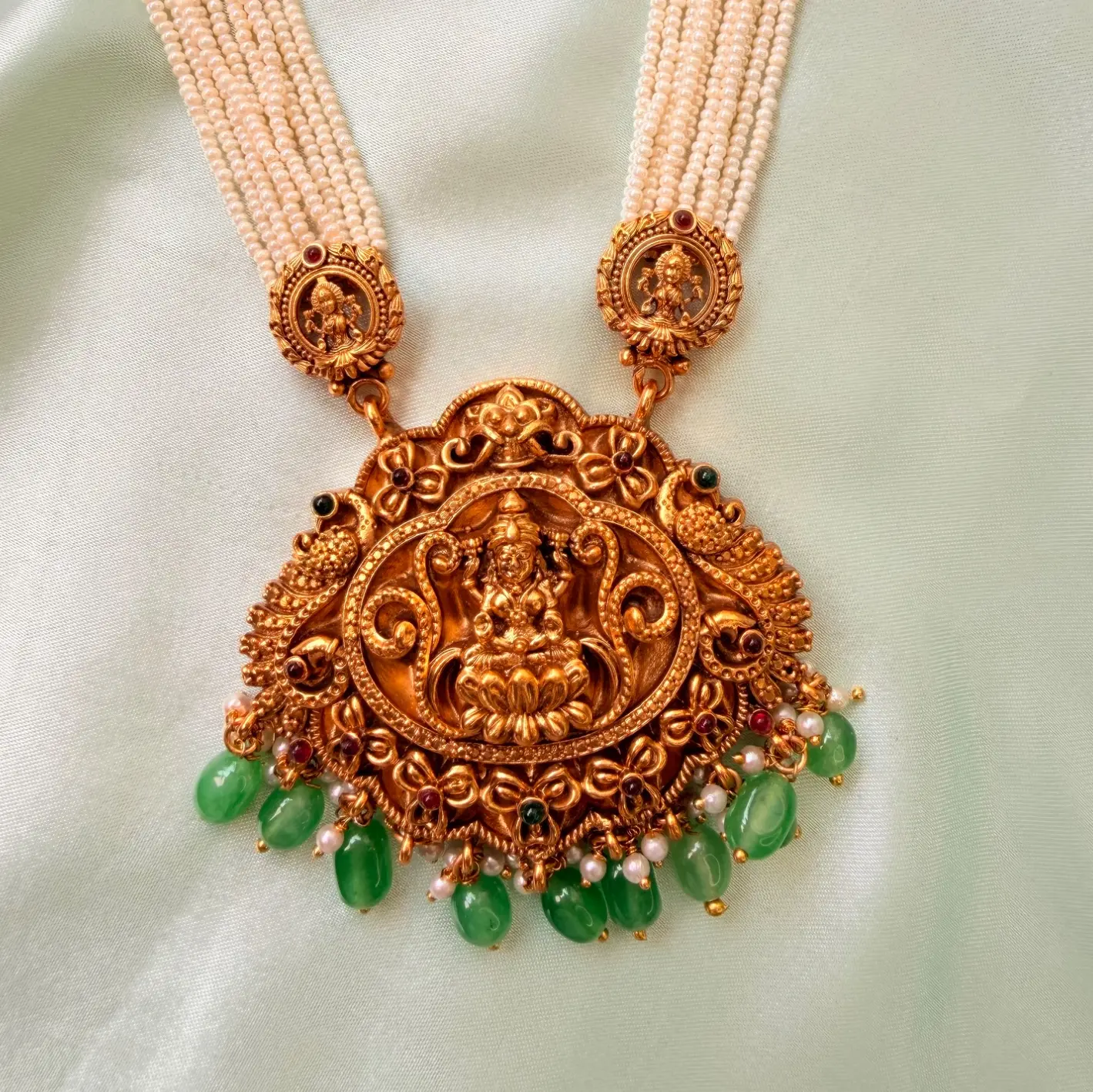 Royal Multi-Strand Pearl Lakshmi Temple Long Haram Set