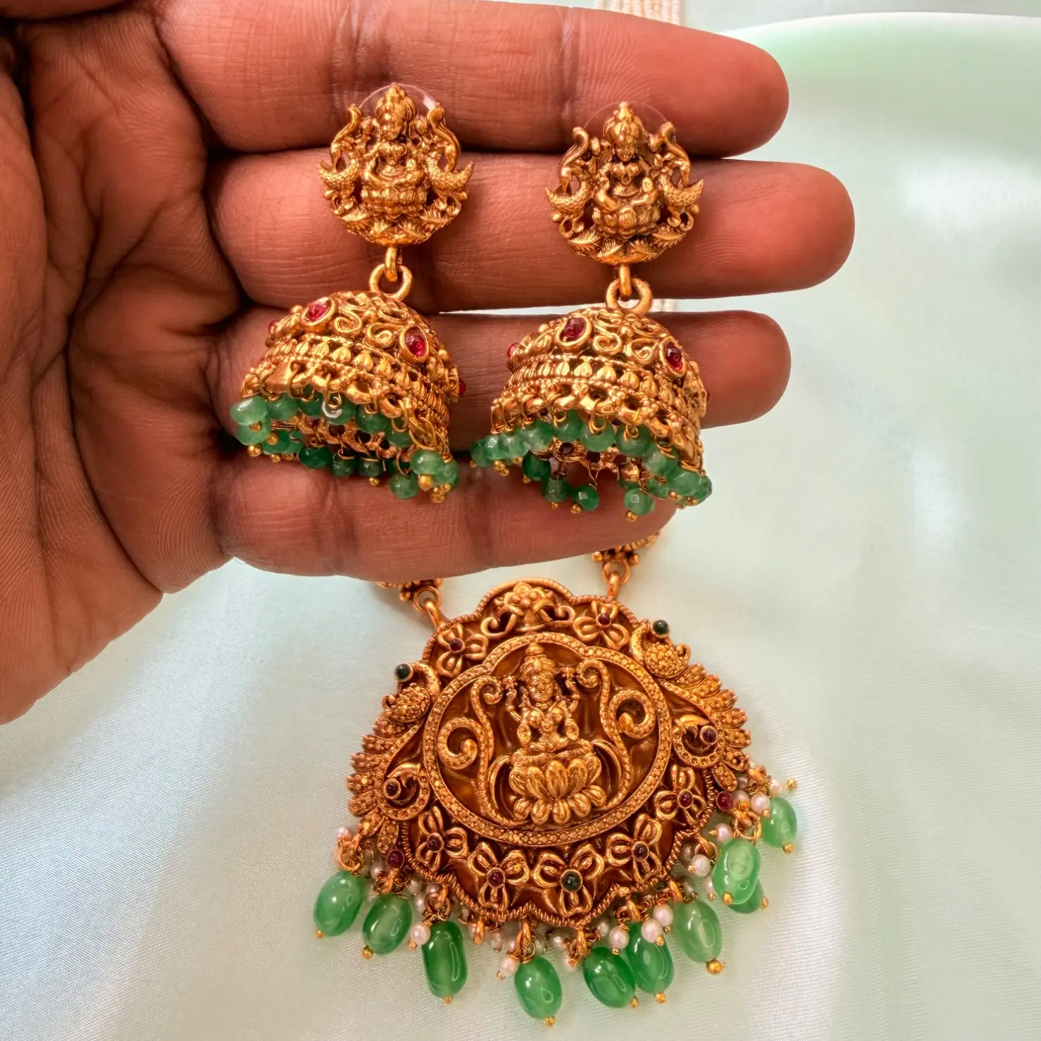 Royal Multi-Strand Pearl Lakshmi Temple Long Haram Set