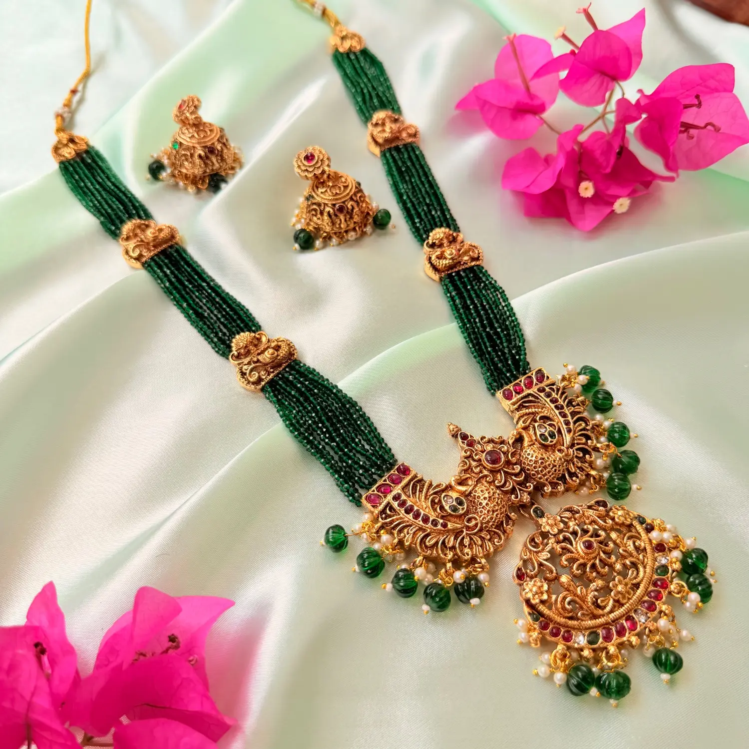 Royal Peacock Emerald Bead Long Haram Set