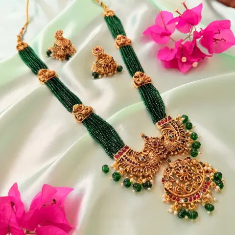 Royal Peacock Emerald Bead Long Haram Set