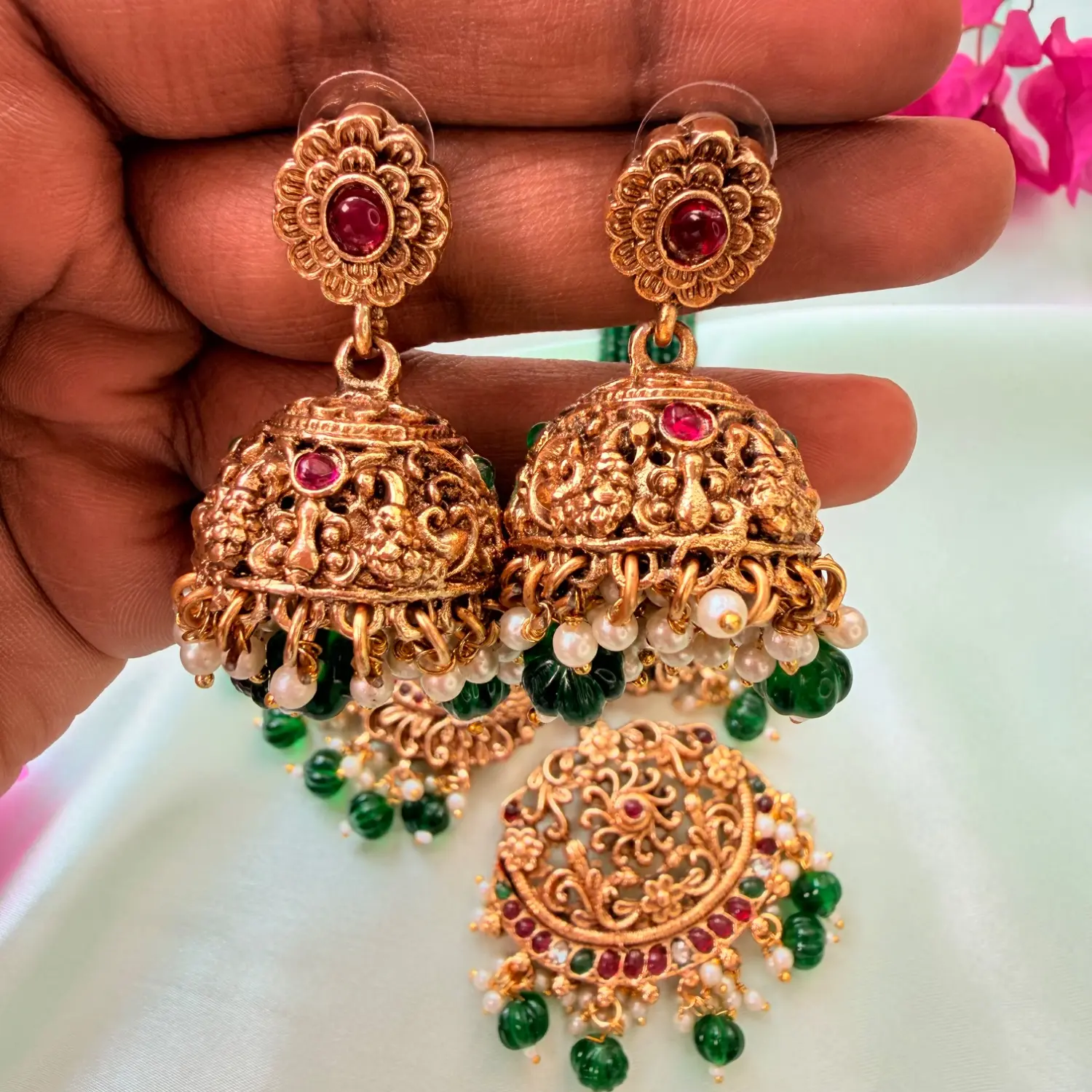 Royal Peacock Emerald Bead Long Haram Set