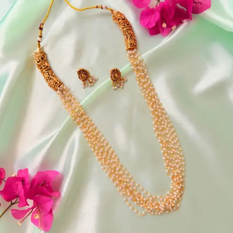 Opulent Pearl Multi-Strand Antique Gold Long Haram Set