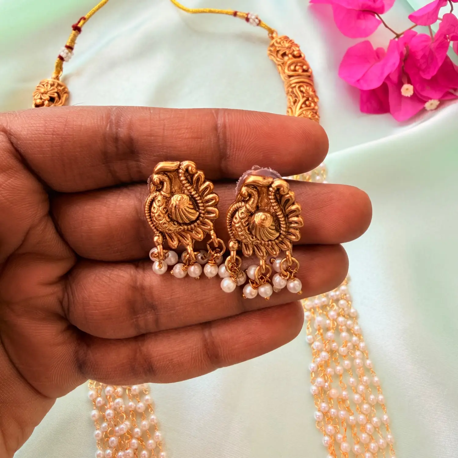 Opulent Pearl Multi-Strand Antique Gold Long Haram Set