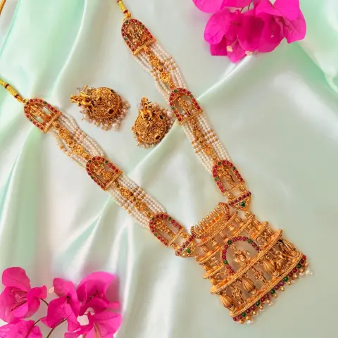 Divine Lakshmi Temple Arch Pearl Long Haram Set