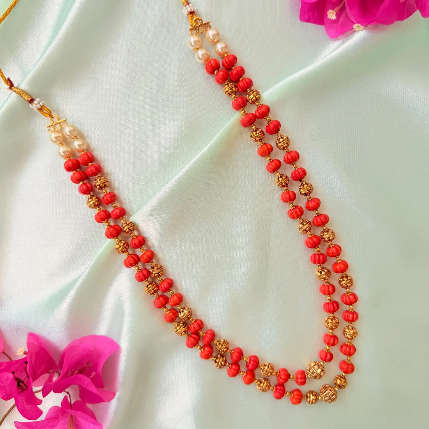 Vibrant Coral Bead Two-Strand Antique Gold Long Necklace