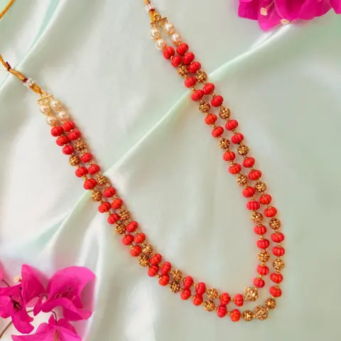 Vibrant Coral Bead Two-Strand Antique Gold Long Necklace