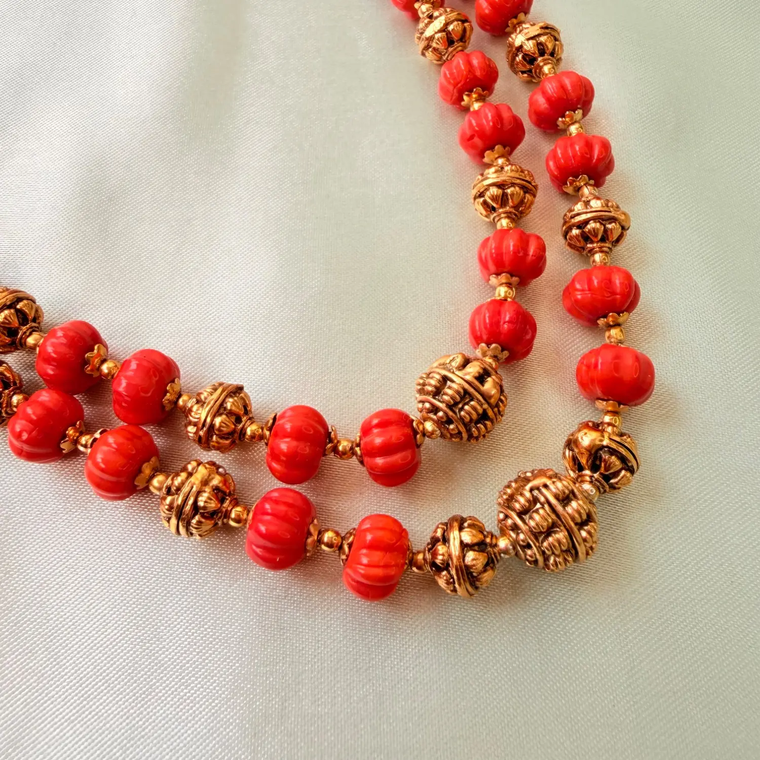 Vibrant Coral Bead Two-Strand Antique Gold Long Necklace