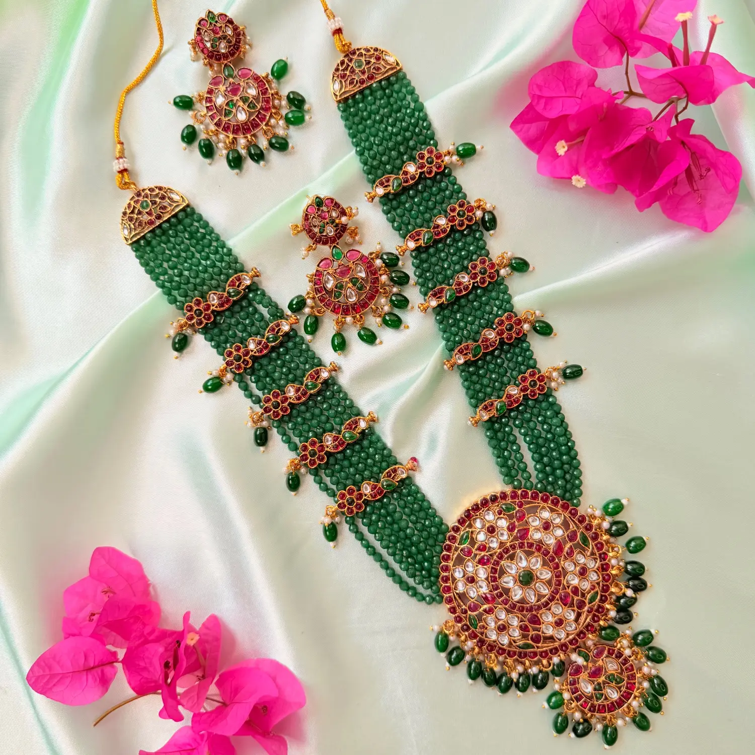 Grand Circular Pendant Green Bead Long Haram Set