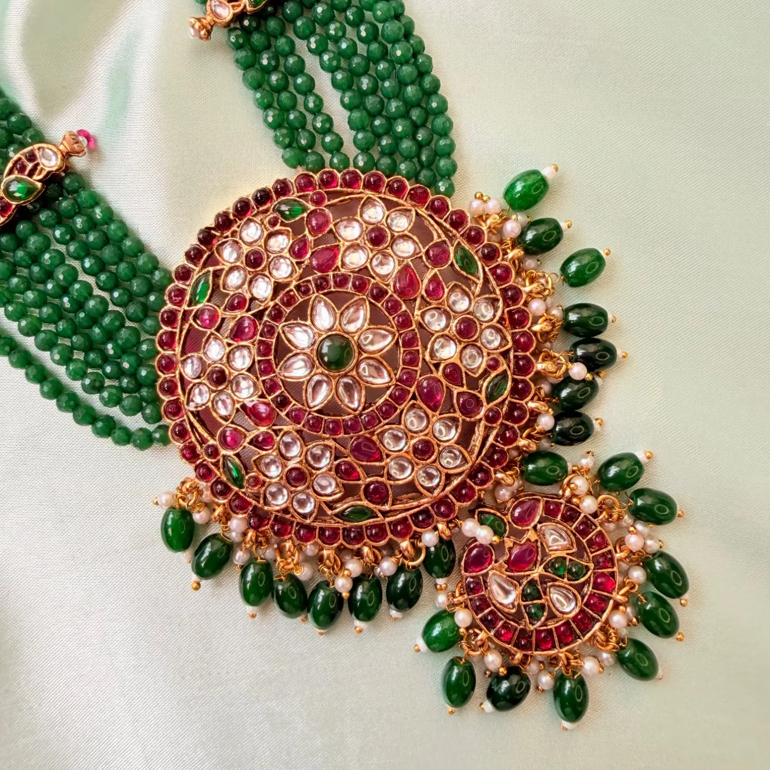 Grand Circular Pendant Green Bead Long Haram Set