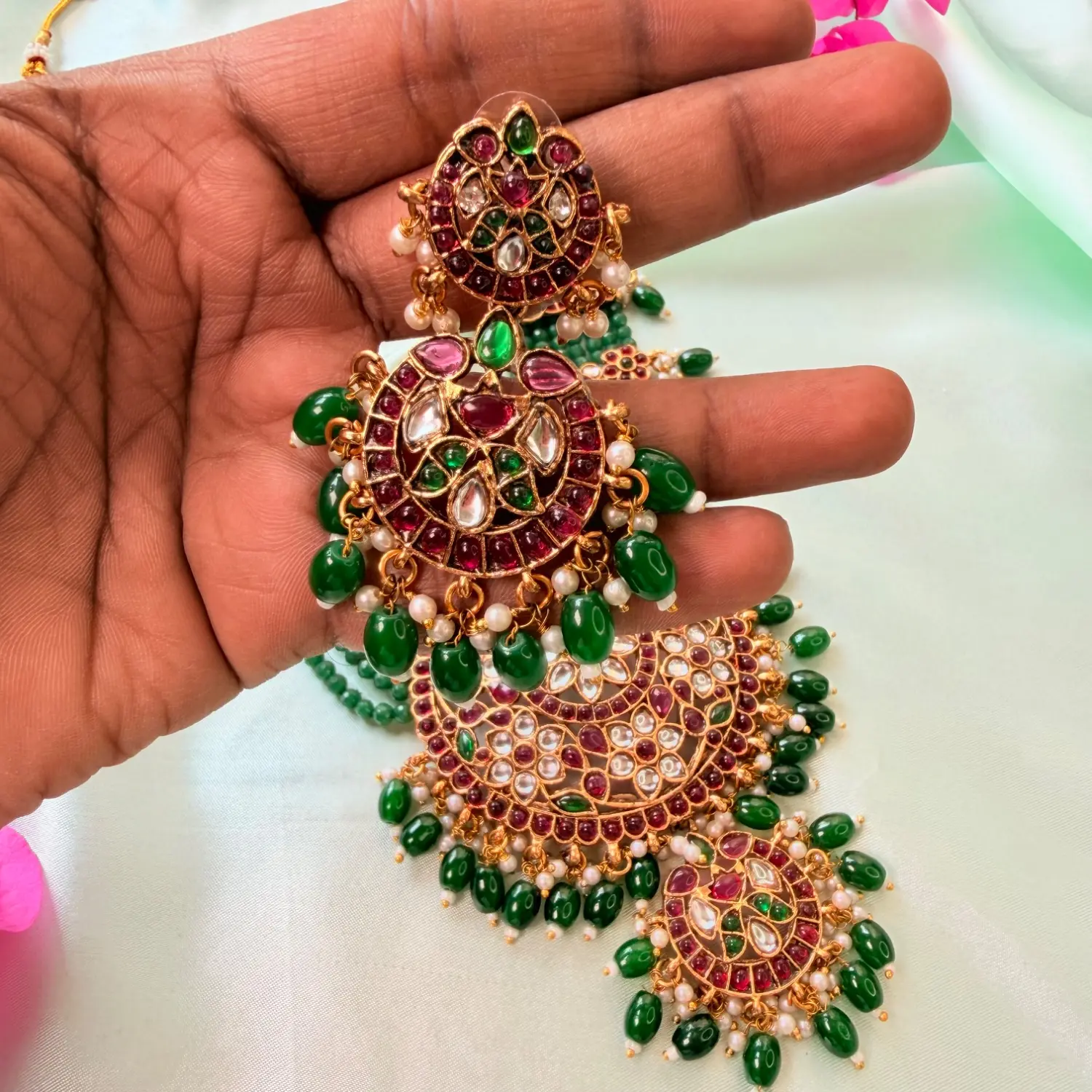 Grand Circular Pendant Green Bead Long Haram Set