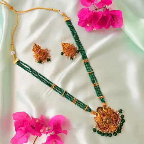 Elegant Peacock Goddess Green Bead Long Haram Set