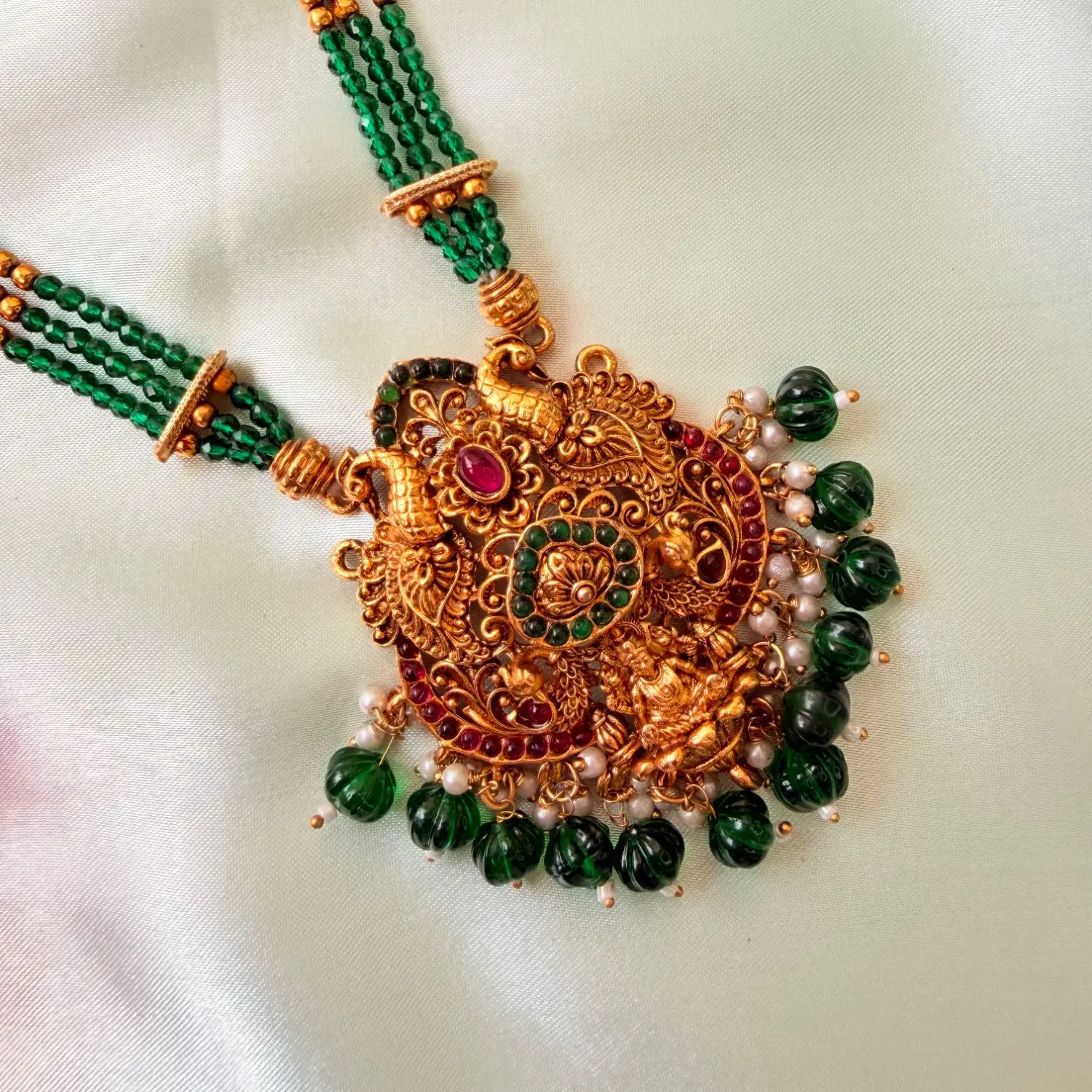 Elegant Peacock Goddess Green Bead Long Haram Set