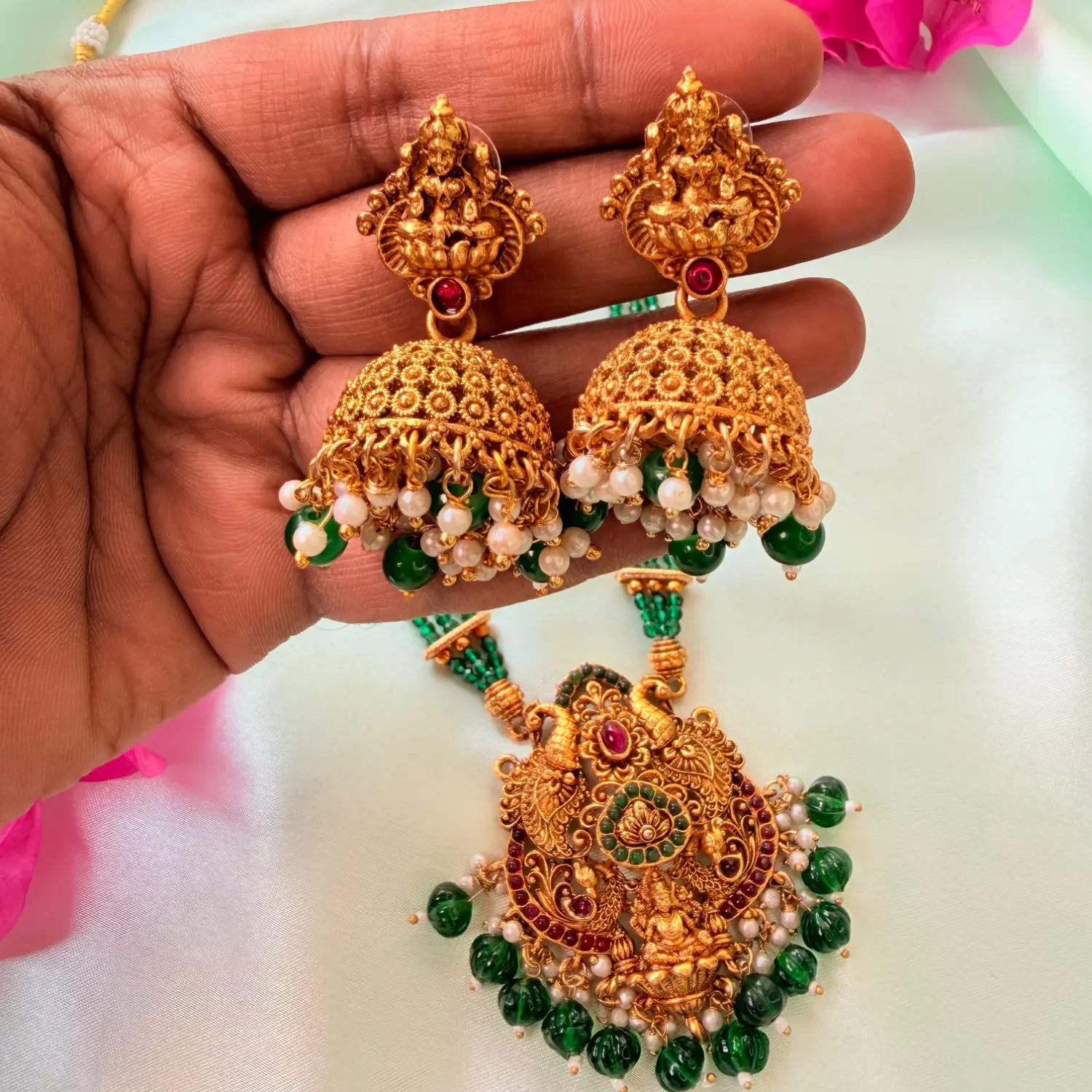 Elegant Peacock Goddess Green Bead Long Haram Set