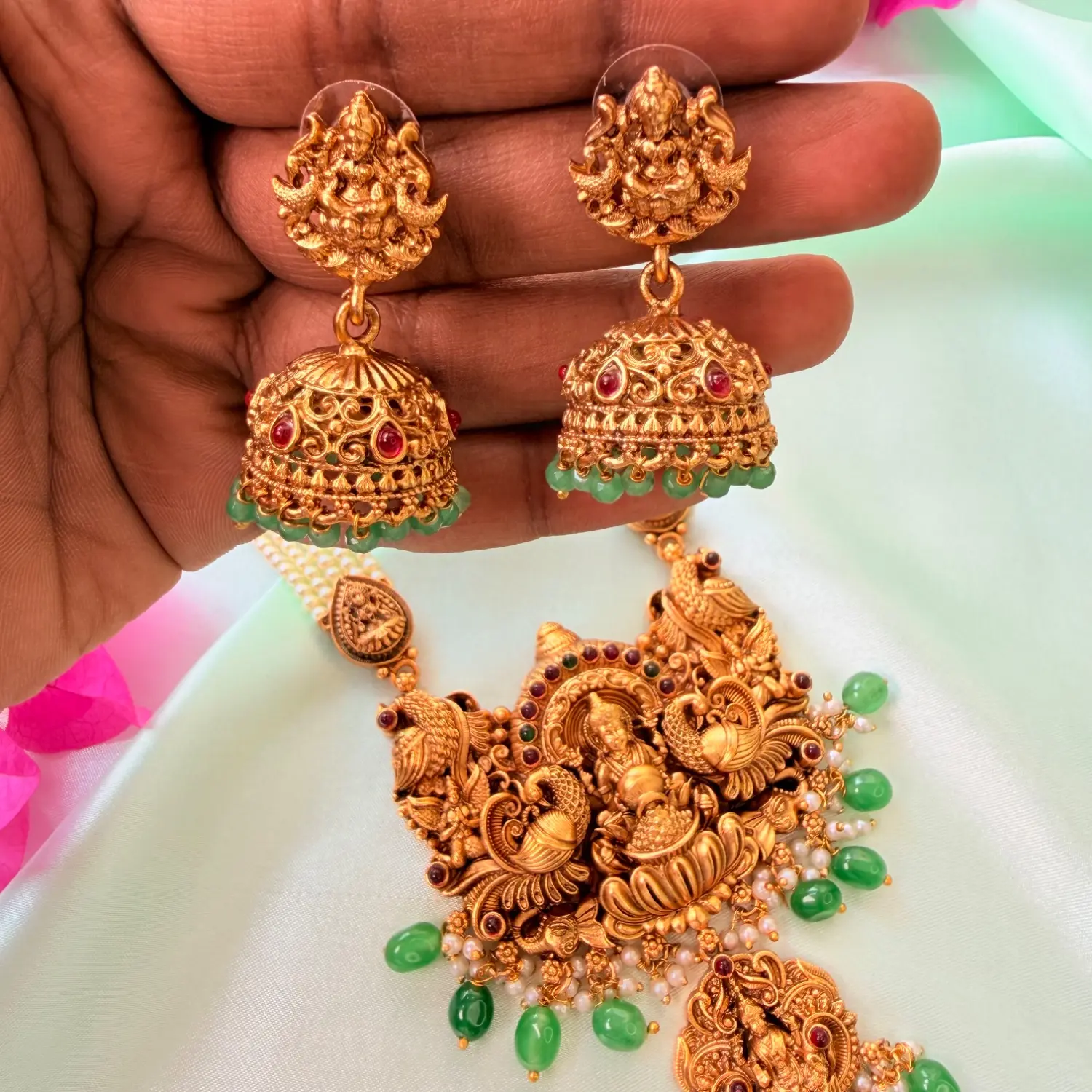 Divine Lakshmi Pearl Multi-Strand Long Haram Set