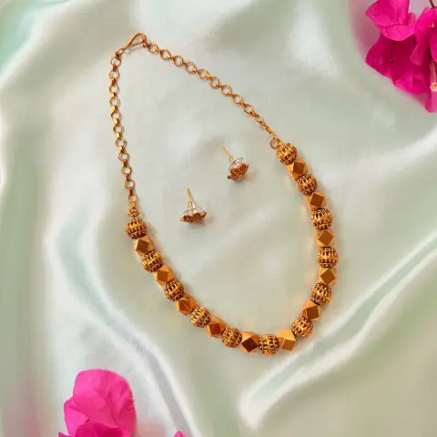 Geometric Matte Gold Beaded Necklace Set SJMH013
