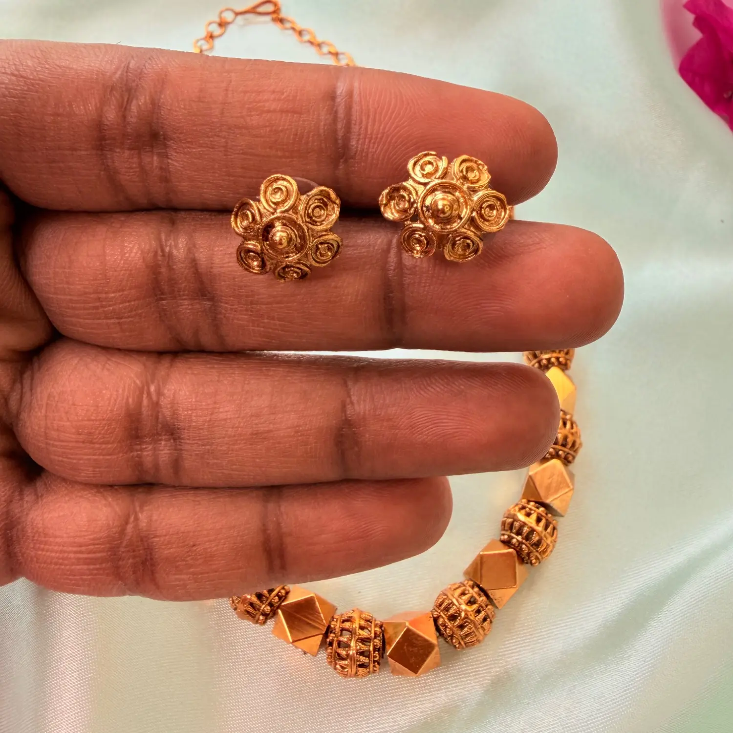 Geometric Matte Gold Beaded Necklace Set SJMH013