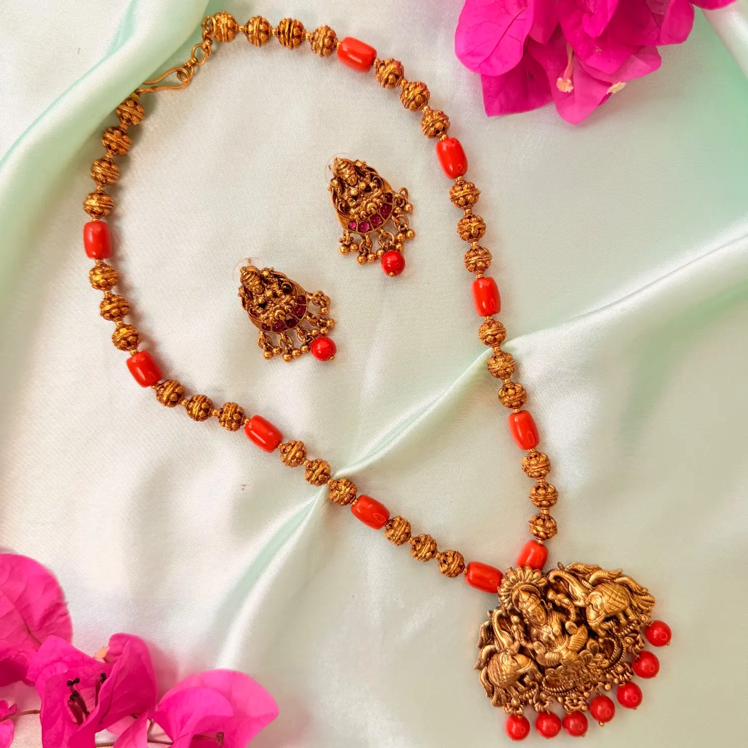 Traditional Gaja Lakshmi Red Bead Medium Haram Set SJMH026