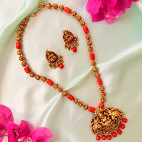 Traditional Gaja Lakshmi Red Bead Medium Haram Set SJMH026
