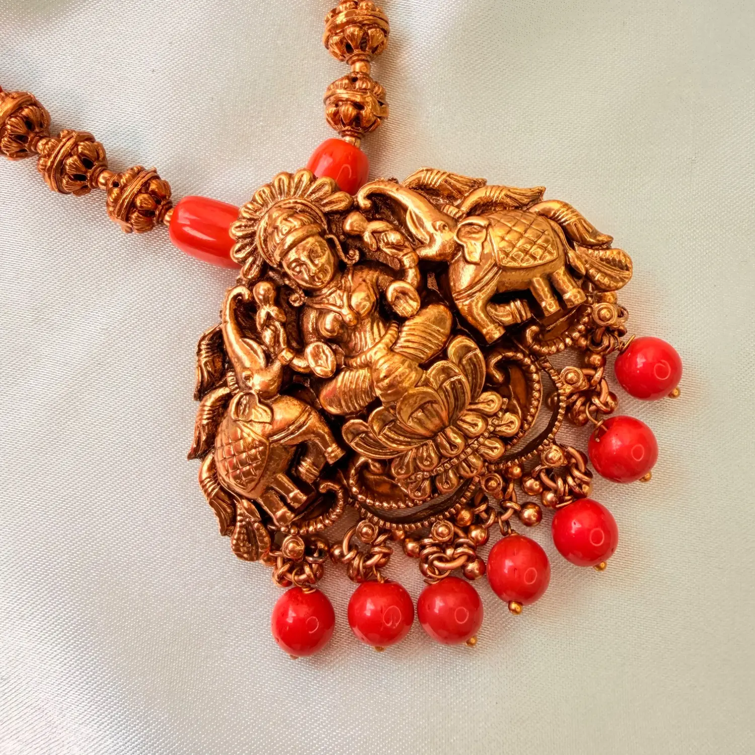 Traditional Gaja Lakshmi Red Bead Medium Haram Set SJMH026