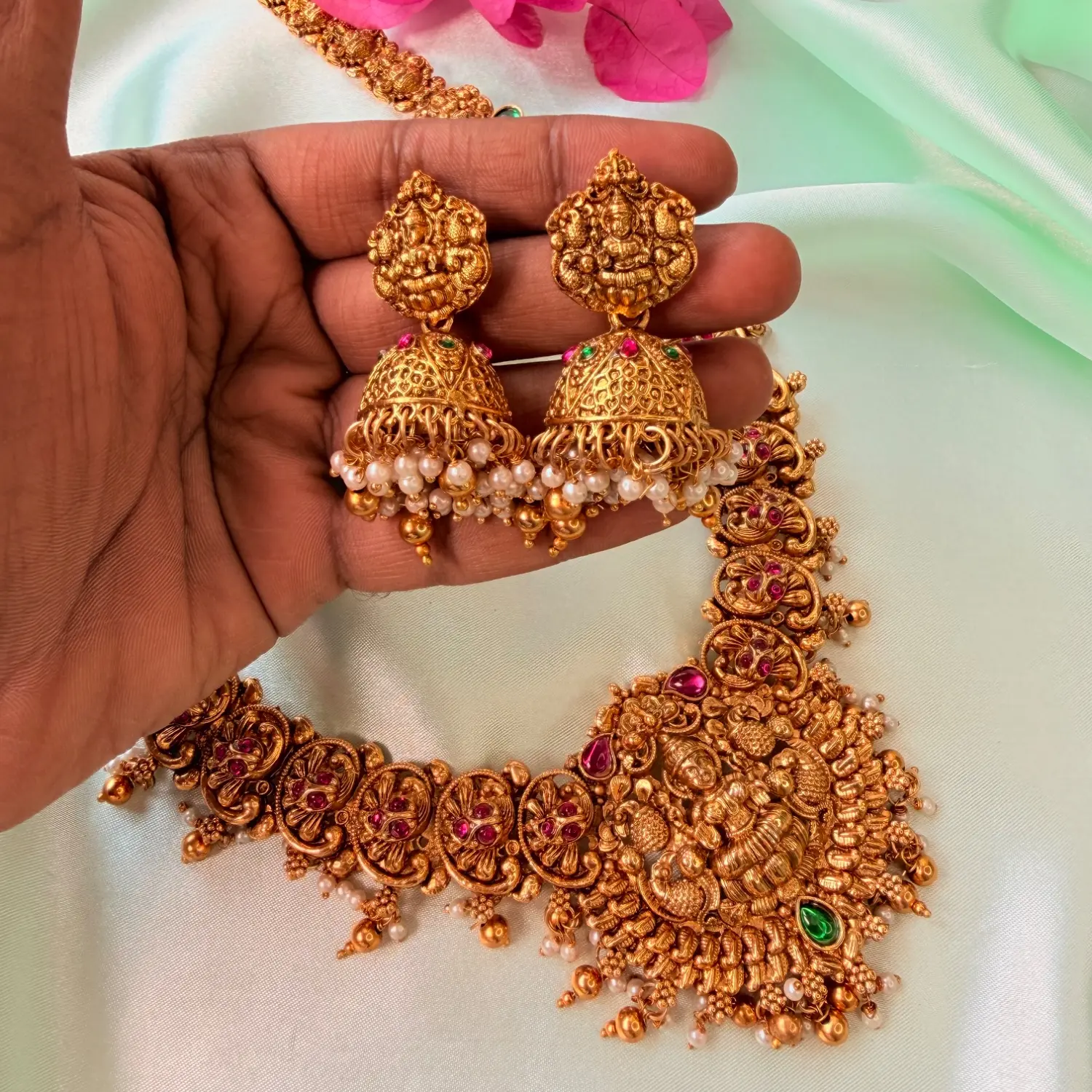Traditional Temple Motif Long Haram Set