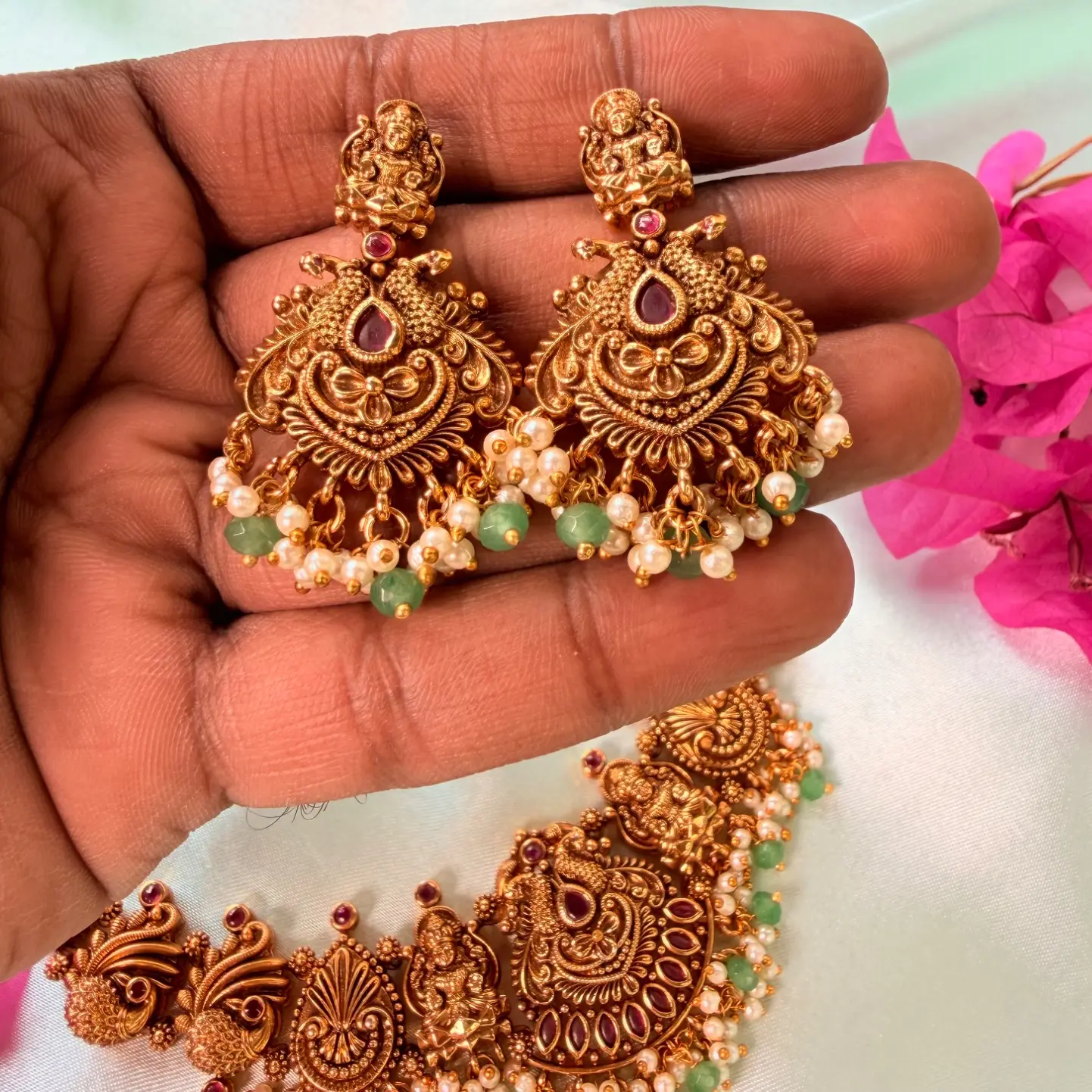 Suvarna Saundarya Goddess Premium Lakshmi Antique Gold Temple Necklace Set SJPM011