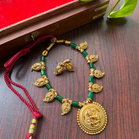 Baby Krishna Medallion Necklace Set with Emerald Green Beads SJSN032