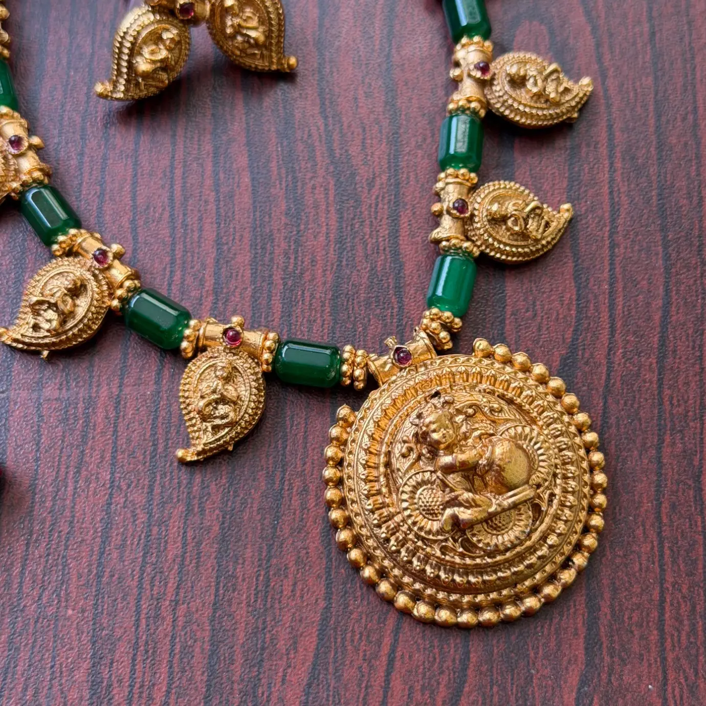 Baby Krishna Medallion Necklace Set with Emerald Green Beads SJSN032