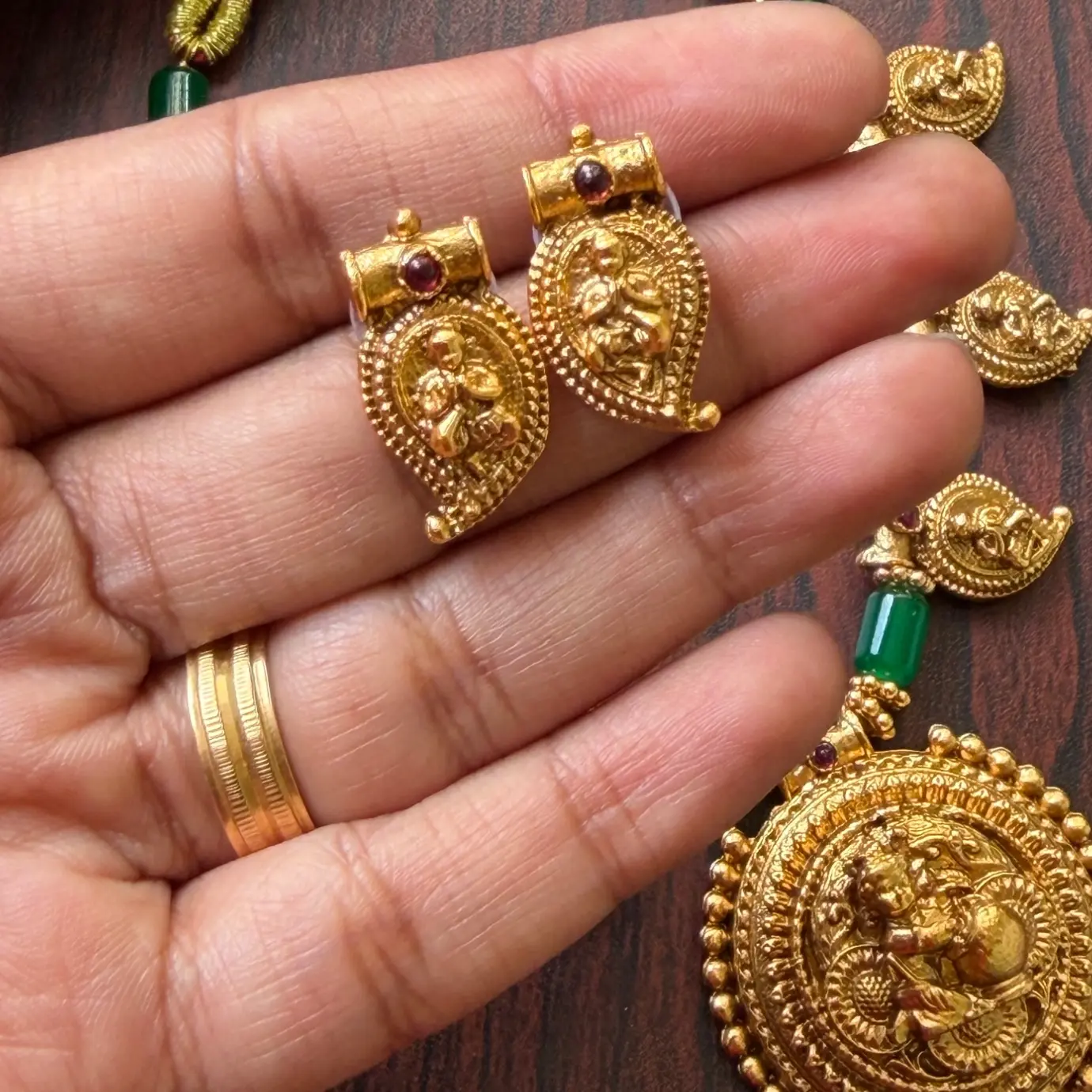 Baby Krishna Medallion Necklace Set with Emerald Green Beads SJSN032