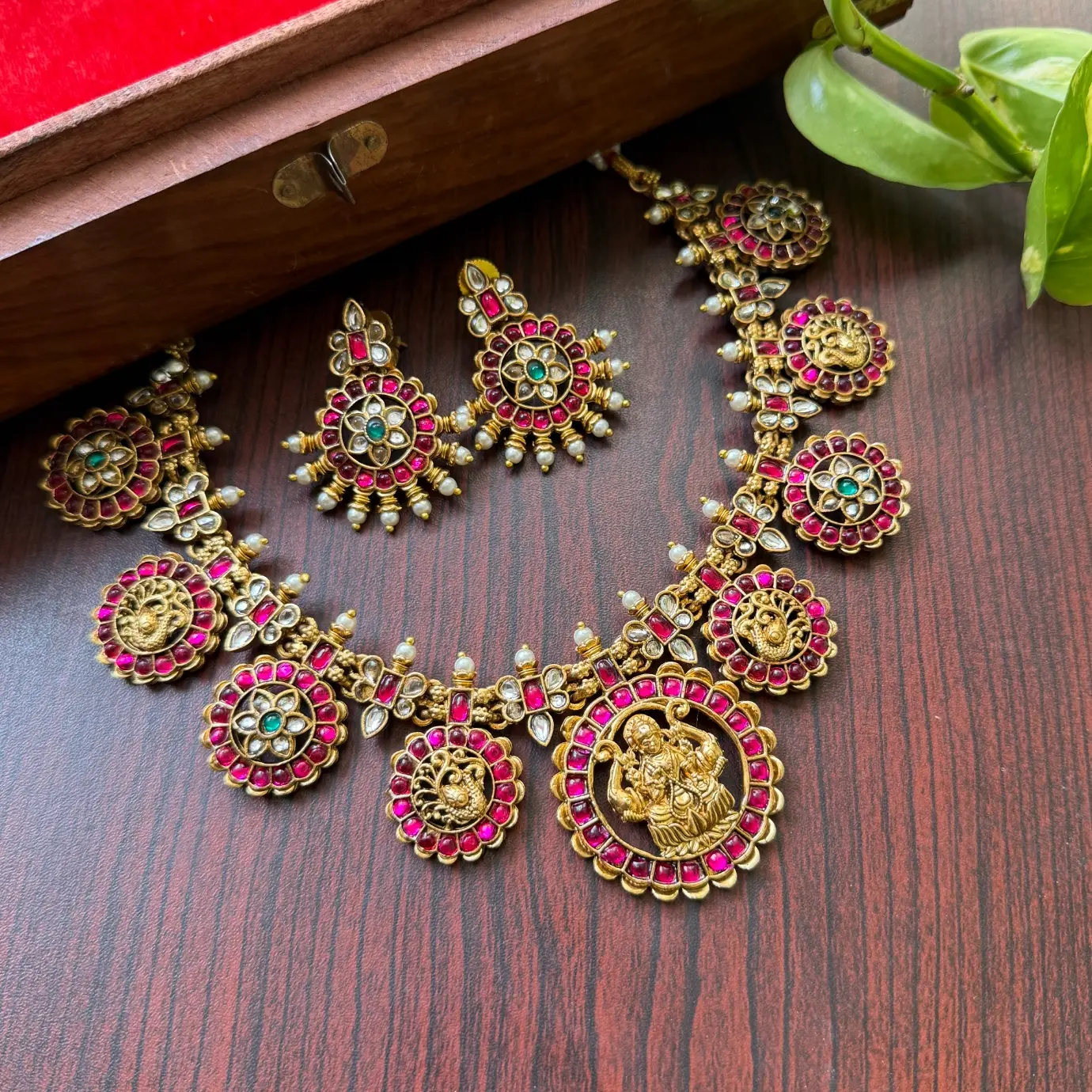 Sreeleela Inspired Jadau Replica Temple Necklace Set with Ruby & Uncut Polki Stones SJSN034